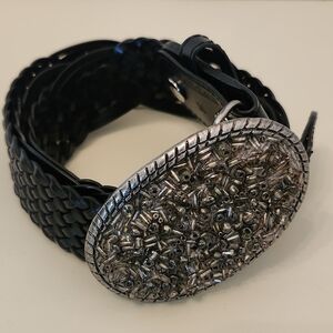 Black Braided Leather Belt Oval Beaded Buckle Silver Gray Beads Medium